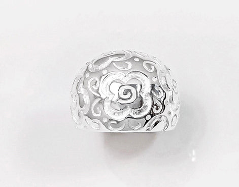 70's Flower Ring - Sterling Silver, engraved floral nature Flowers Pattern - Hipster Boho Flower Power Wide Domed Band Ring