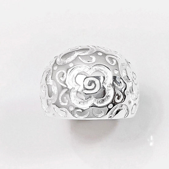 70's Flower Ring - Sterling Silver, engraved floral nature Flowers Pattern - Hipster Boho Flower Power Wide Domed Band Ring