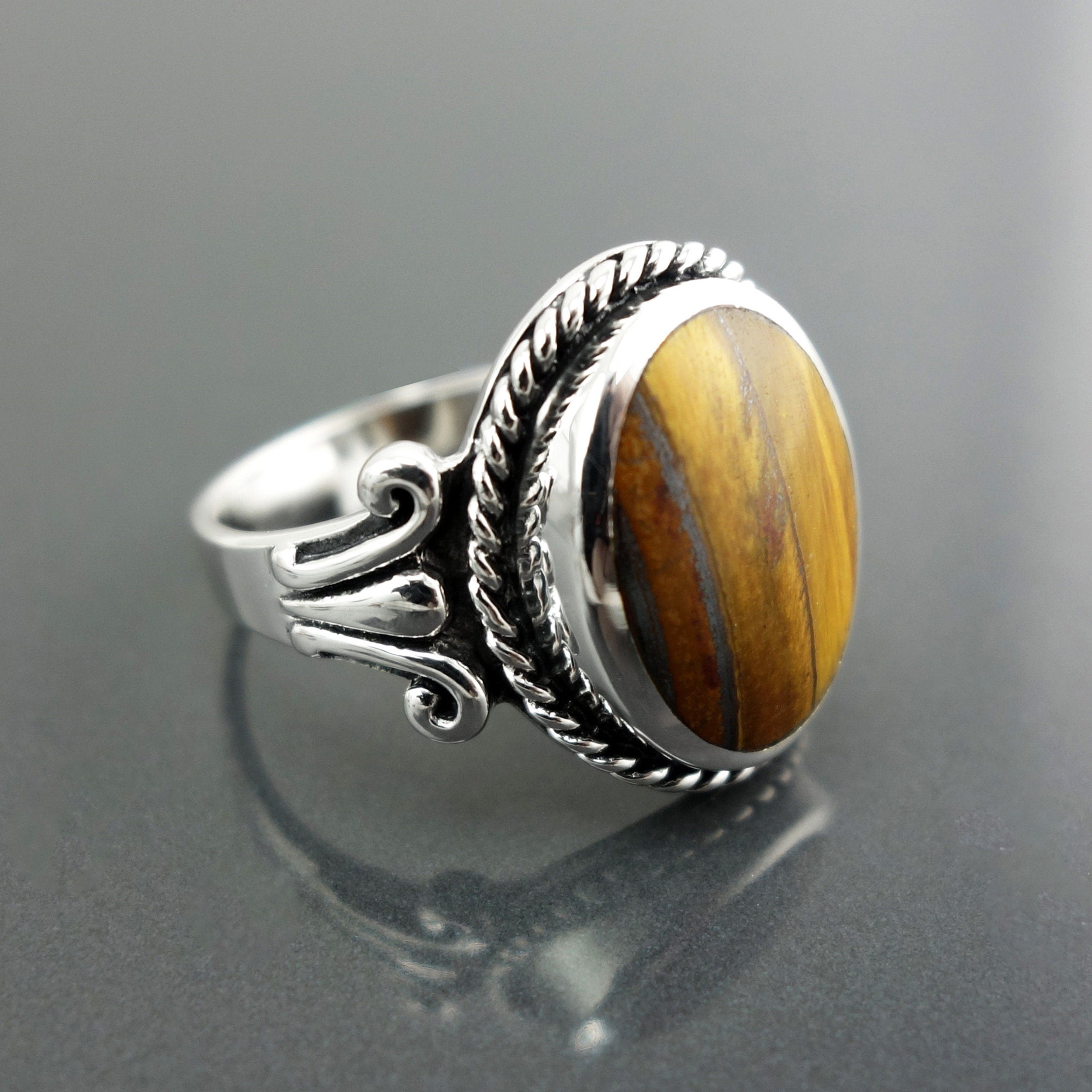 Tiger Eye Ring, Sterling Silver, NATURAL Brown Oval Stone Ring, Rope Ring, Unique Antique Signet Ring, Vintage Hipster Boho Unisex Jewelry