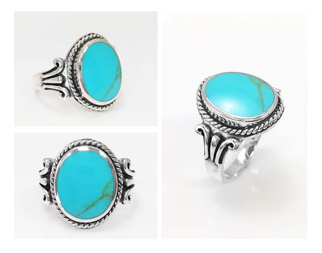 Turquoise Ring, Sterling Silver, Blue Green Turquoise stone, Unisex Jewelry, Flat Oval Stone Ring, Intricate Hipster Antique Rope Shank Ring