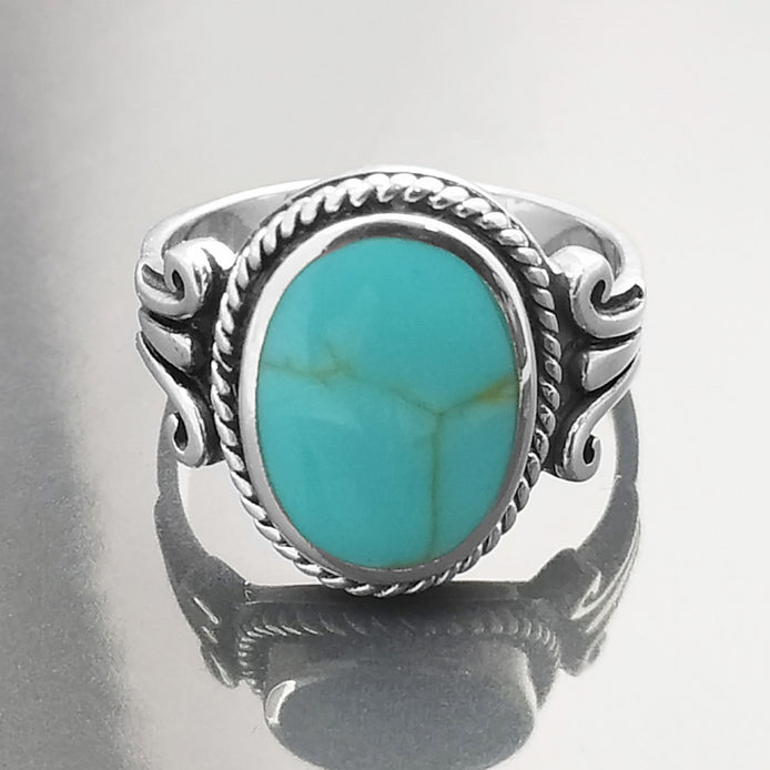 Turquoise Ring, Sterling Silver, Blue Green Turquoise stone, Unisex Jewelry, Flat Oval Stone Ring, Intricate Hipster Antique Rope Shank Ring