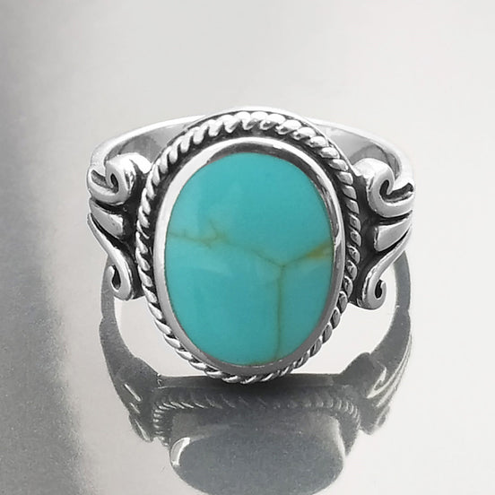 Turquoise Ring, Sterling Silver, Blue Green Turquoise stone, Unisex Jewelry, Flat Oval Stone Ring, Intricate Hipster Antique Rope Shank Ring