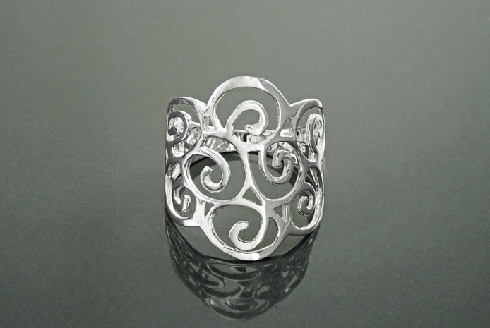 Scroll Filigree Ring, Sterling Silver, Scrolls Design Ring, Spirals Pattern Ring, Wide Band Ring, Elegant Ring, Lace Ring, Open Work Ring
