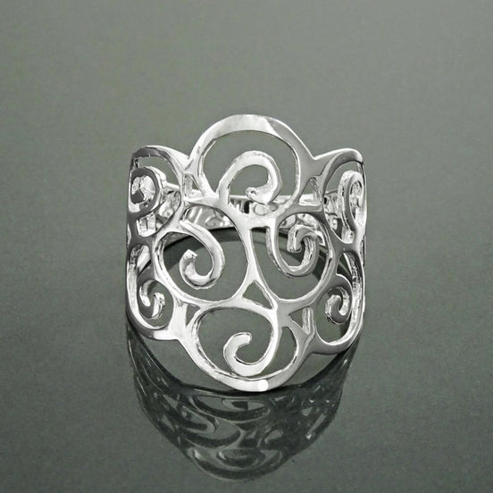 Scroll Filigree Ring, Sterling Silver, Scrolls Design Ring, Spirals Pattern Ring, Wide Band Ring, Elegant Ring, Lace Ring, Open Work Ring