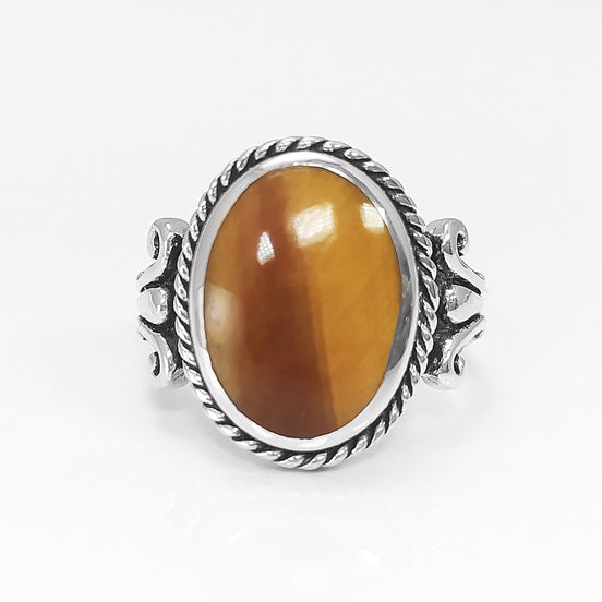 Tiger Eye Ring, Sterling Silver, NATURAL Brown Oval Stone Ring, Rope Ring, Unique Antique Signet Ring, Vintage Hipster Boho Unisex Jewelry
