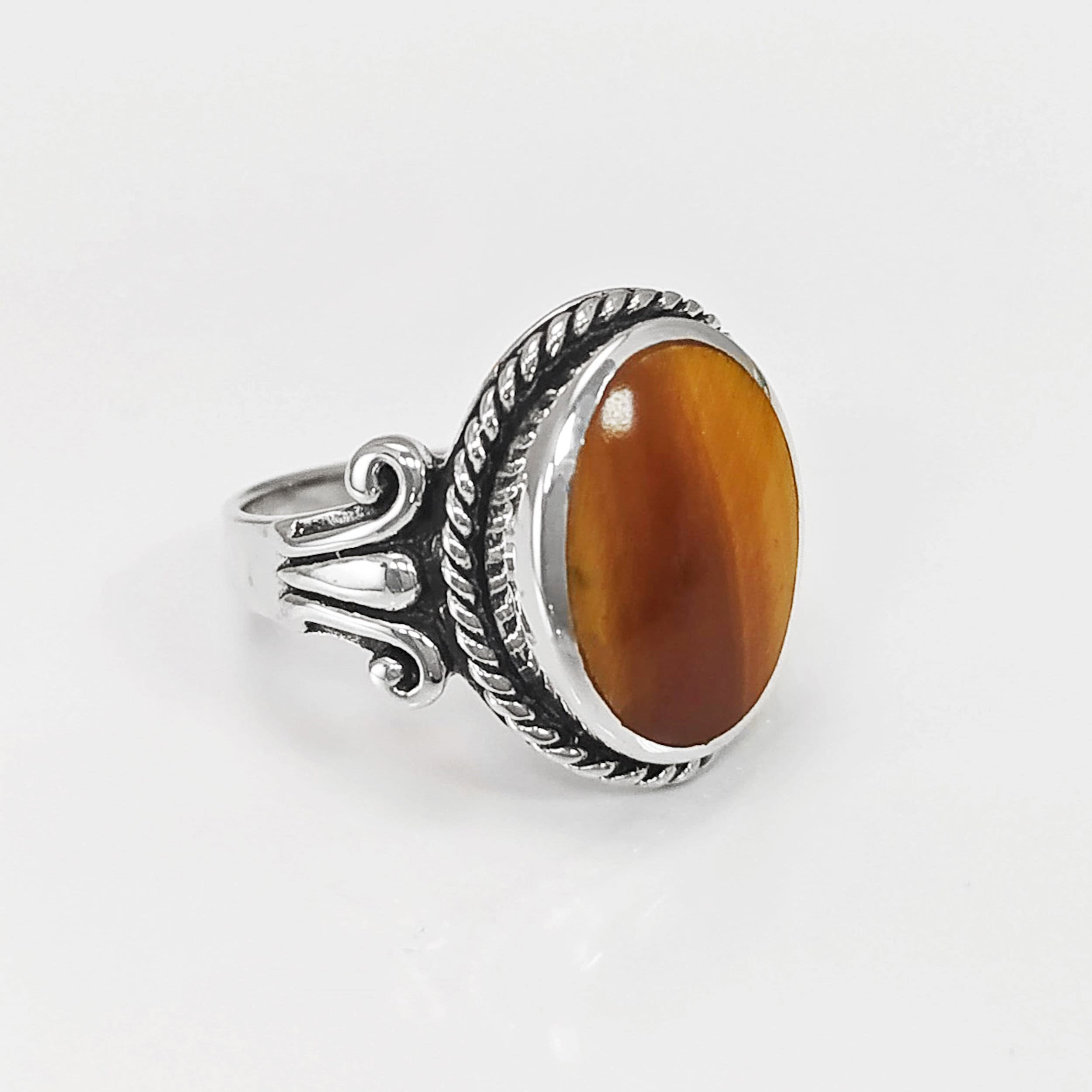 Tiger Eye Ring, Sterling Silver, NATURAL Brown Oval Stone Ring, Rope Ring, Unique Antique Signet Ring, Vintage Hipster Boho Unisex Jewelry
