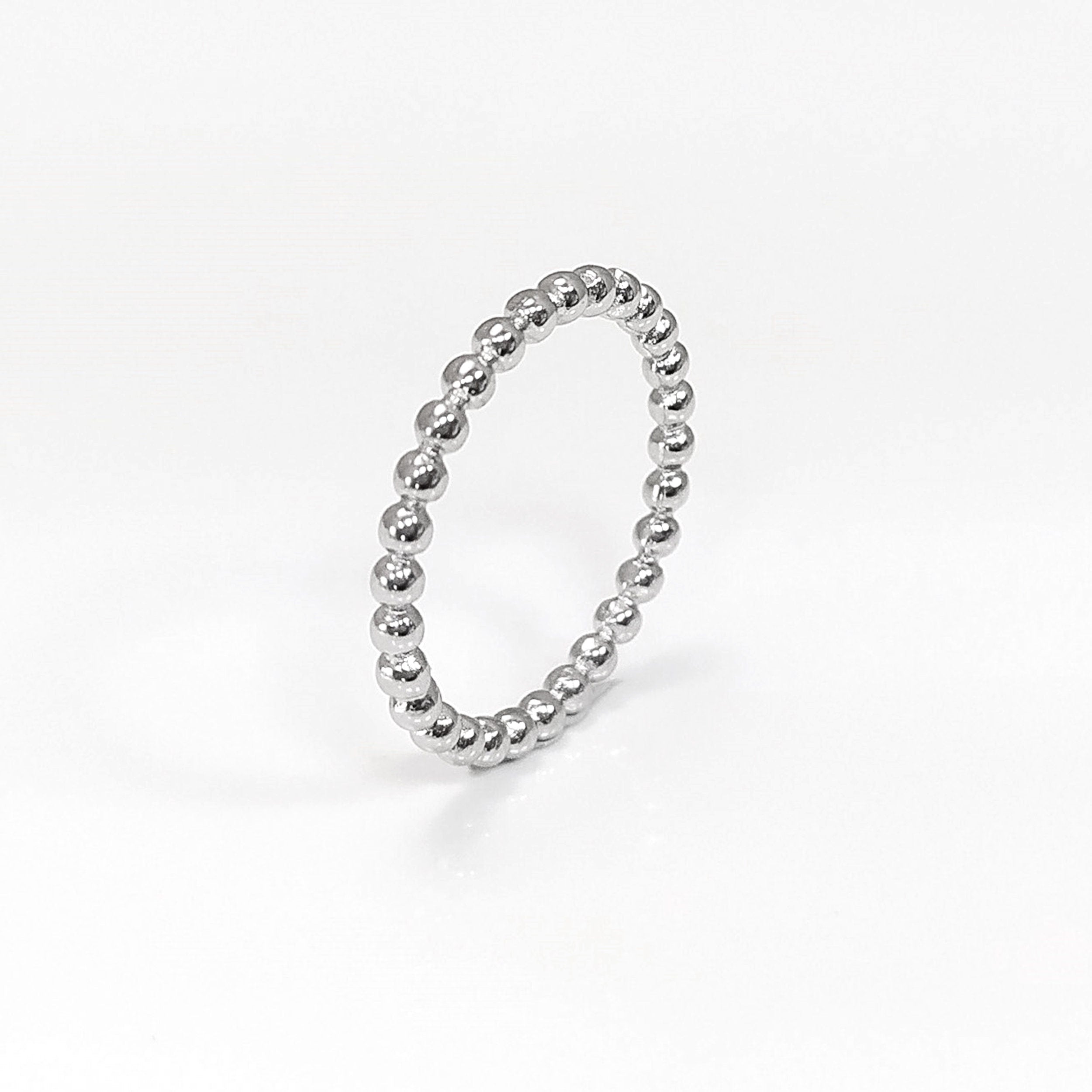 Sterling Silver Beaded Band Ring, Dainty Minimalist Stackable, Shiny Polished Finish