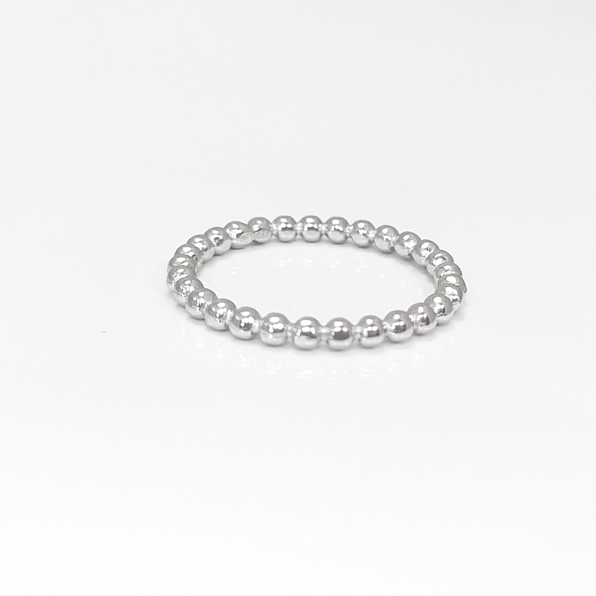 Sterling Silver Beaded Band Ring, Dainty Minimalist Stackable, Shiny Polished Finish