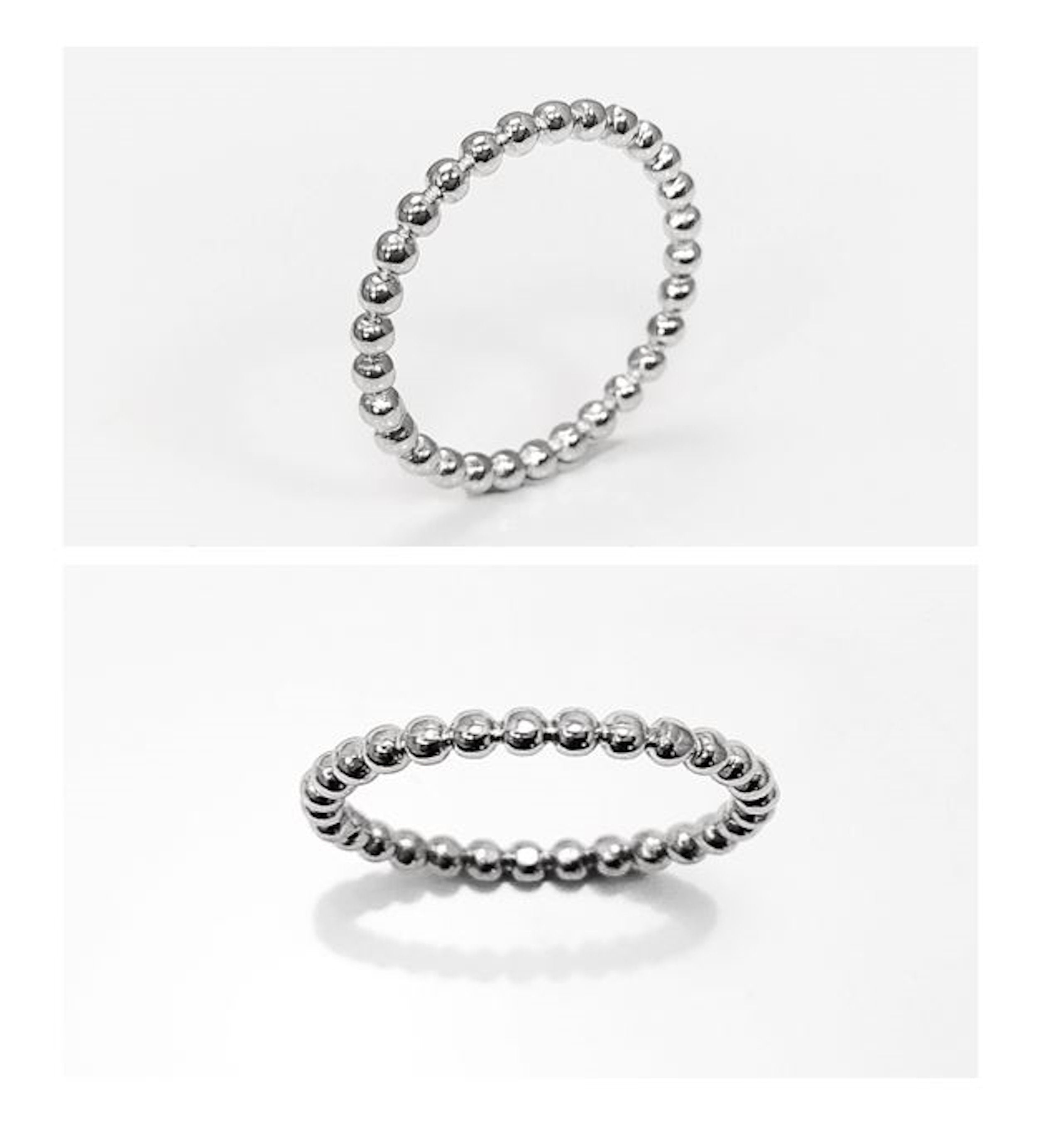 Sterling Silver Beaded Band Ring, Dainty Minimalist Stackable, Shiny Polished Finish