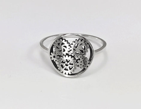 Engrenages ring, sterling silver, gear ring, engineering jewelry, clock mechanical jewelry, transmission ring, Steampunk Geometry Round Ring