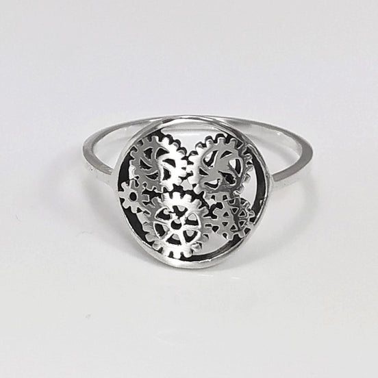 Engrenages ring, sterling silver, gear ring, engineering jewelry, clock mechanical jewelry, transmission ring, Steampunk Geometry Round Ring