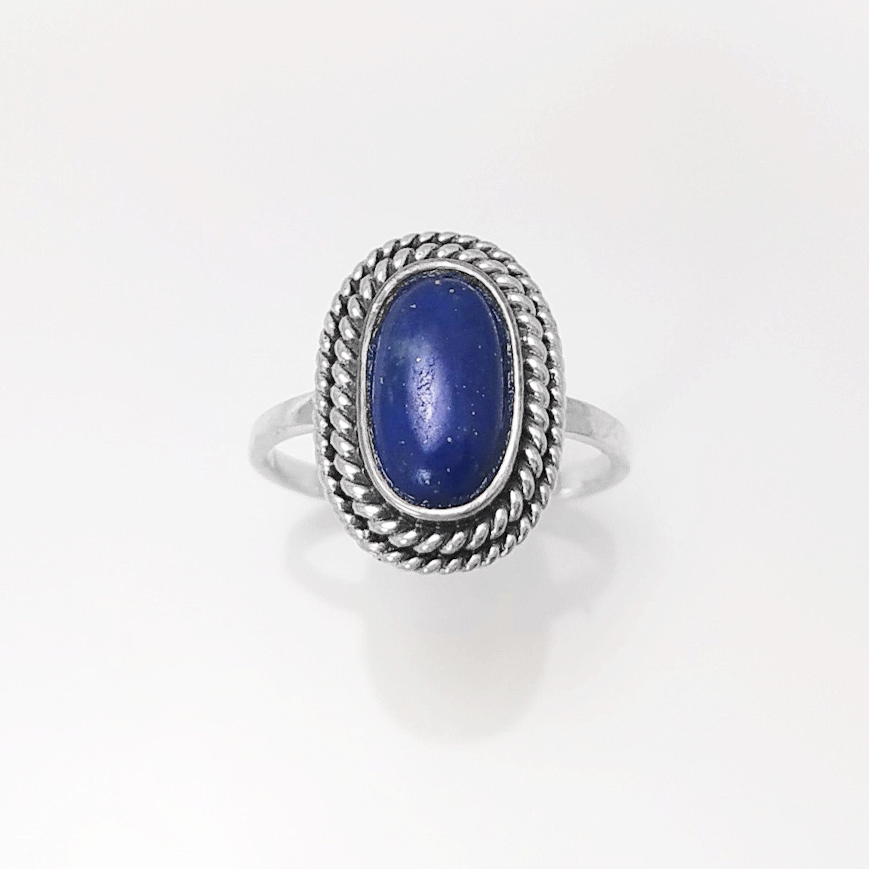 Lapis Lazuli Sterling Silver Ring, Boho Rope Border Antique Jewelry