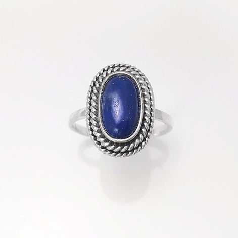 Lapis Lazuli Sterling Silver Ring, Boho Rope Border Antique Jewelry