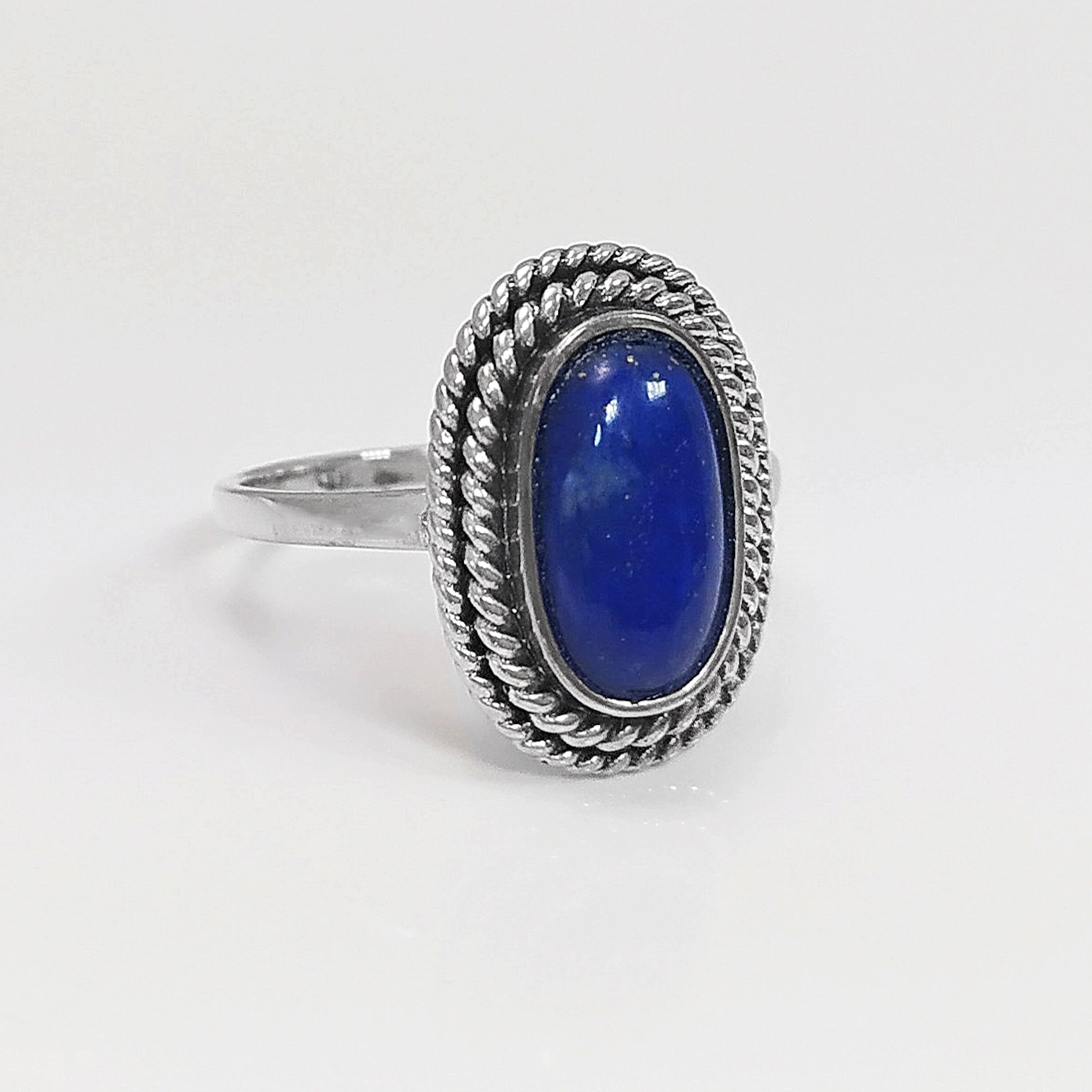 Lapis Lazuli Sterling Silver Ring, Boho Rope Border Antique Jewelry