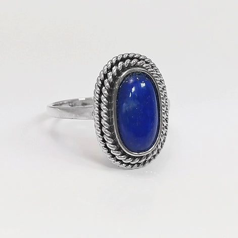 Lapis Lazuli Sterling Silver Ring, Boho Rope Border Antique Jewelry