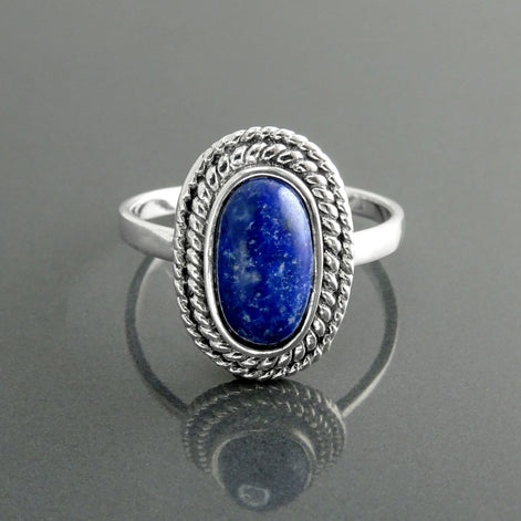 Lapis Lazuli Sterling Silver Ring, Boho Rope Border Antique Jewelry