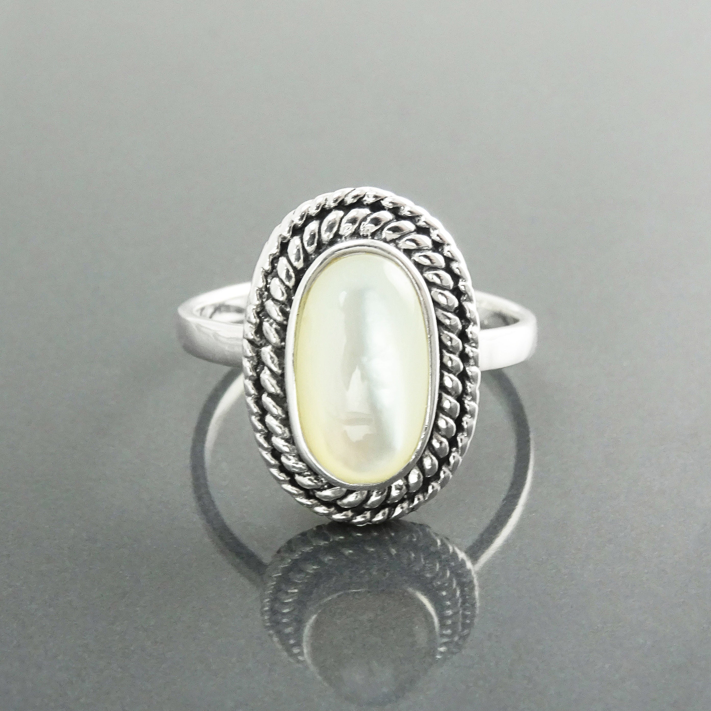 Sterling Silver Mother of Pearl Ring, Oval Boho Rope Border Jewelry