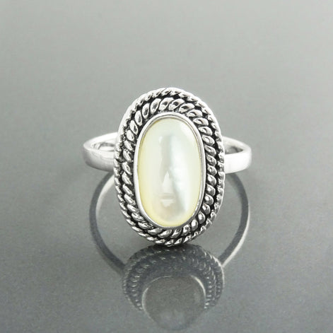 Sterling Silver Mother of Pearl Ring, Oval Boho Rope Border Jewelry