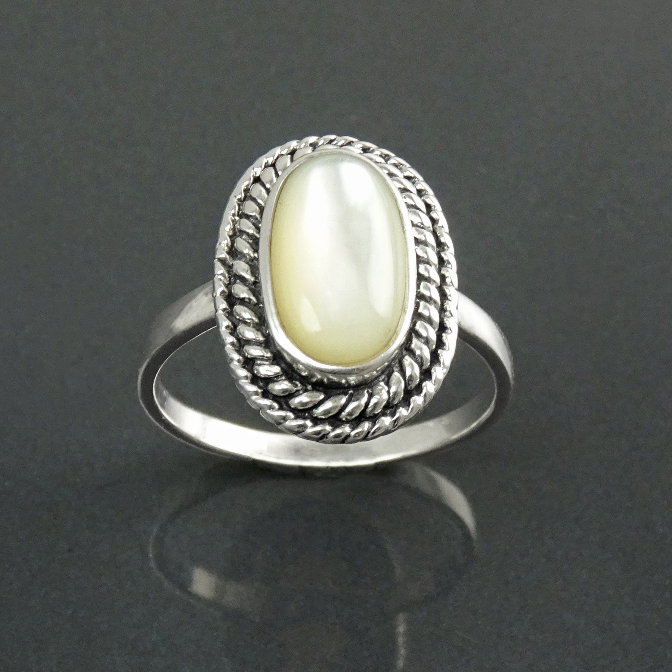 Sterling Silver Mother of Pearl Ring, Oval Boho Rope Border Jewelry