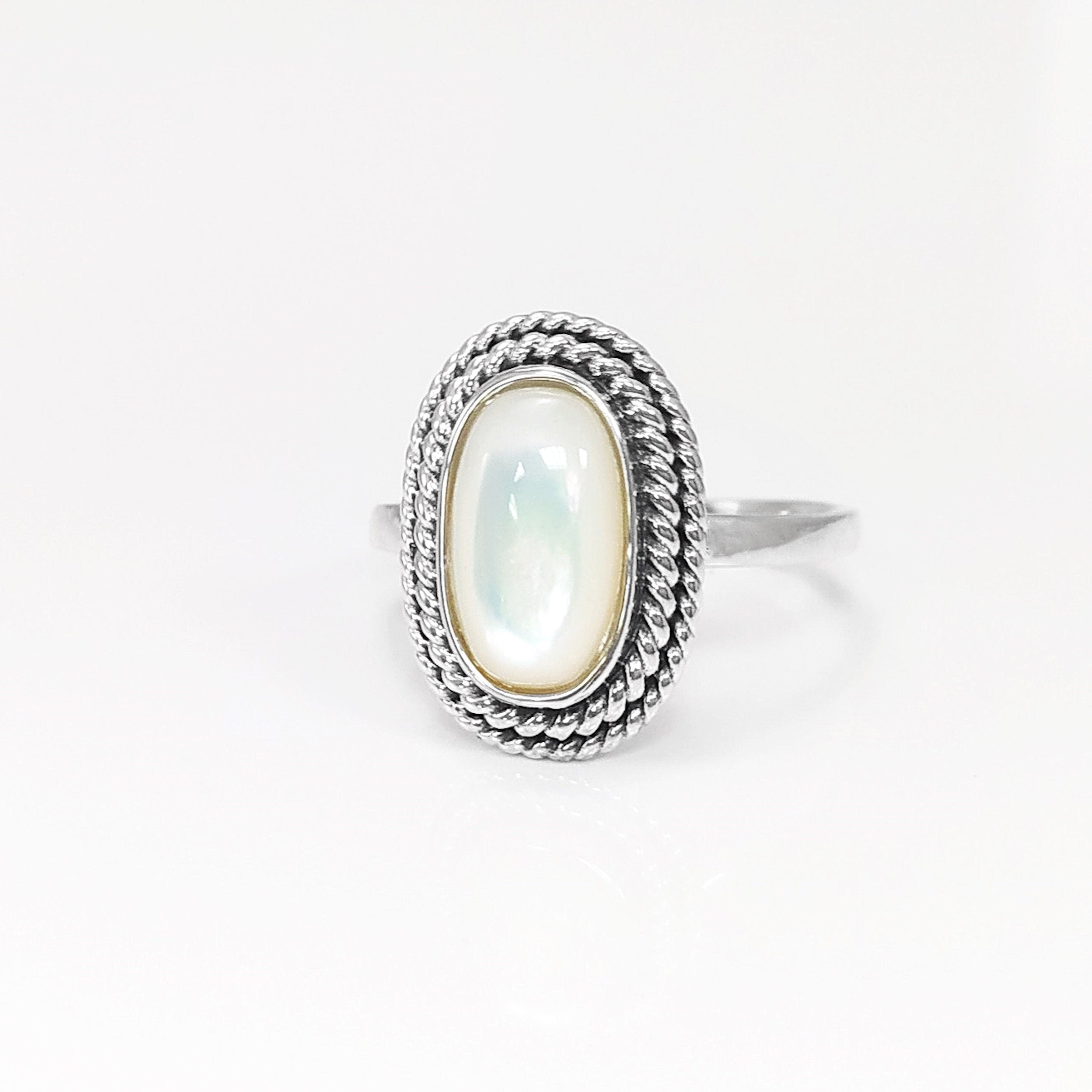 Sterling Silver Mother of Pearl Ring, Oval Boho Rope Border Jewelry