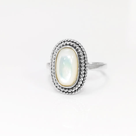 Sterling Silver Mother of Pearl Ring, Oval Boho Rope Border Jewelry