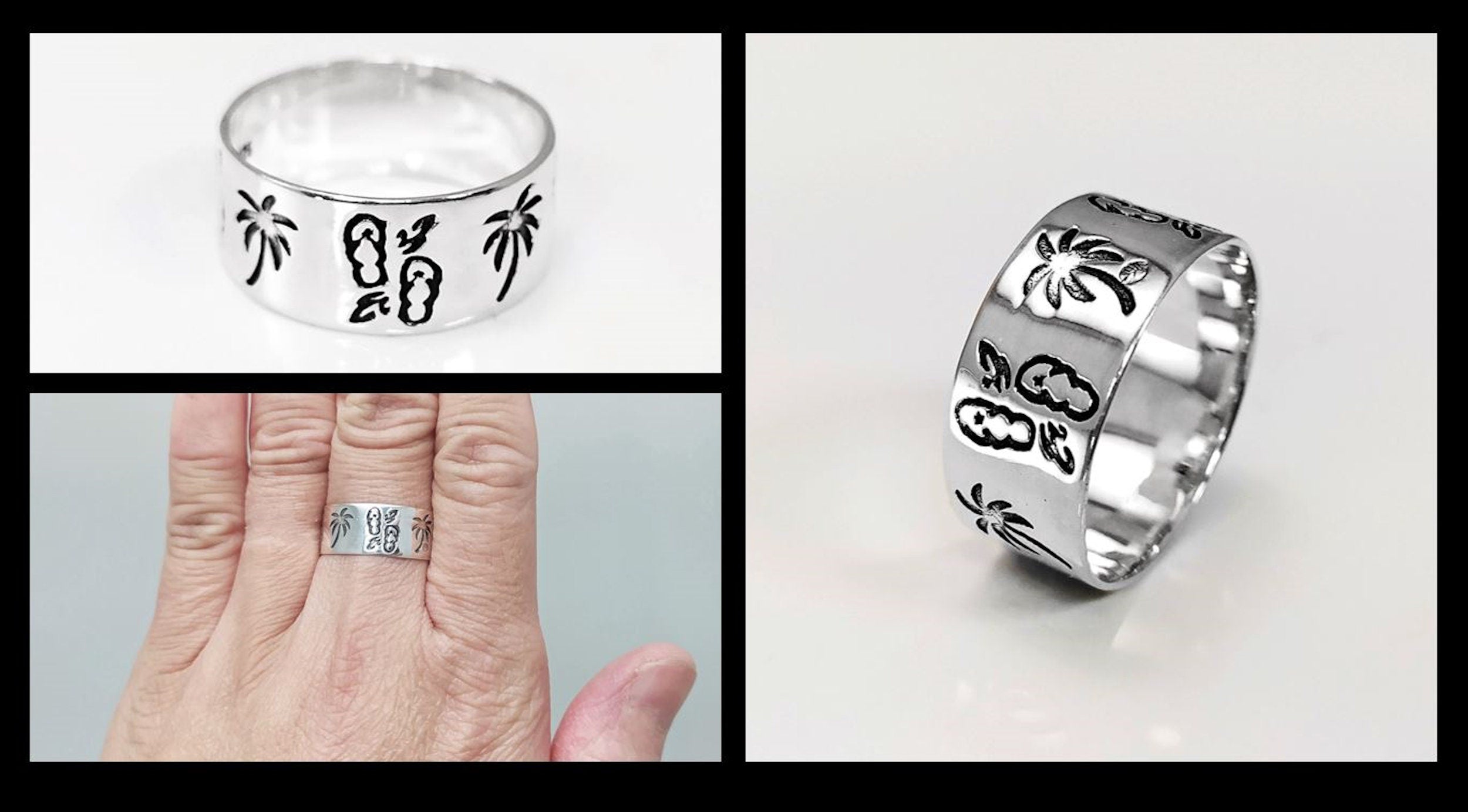 Sterling Silver Band Ring 925, Large Band Beach Palm Tree, Flip-Flops Pattern