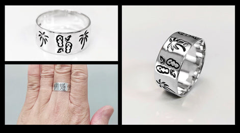 Sterling Silver Band Ring 925, Large Band Beach Palm Tree, Flip-Flops Pattern