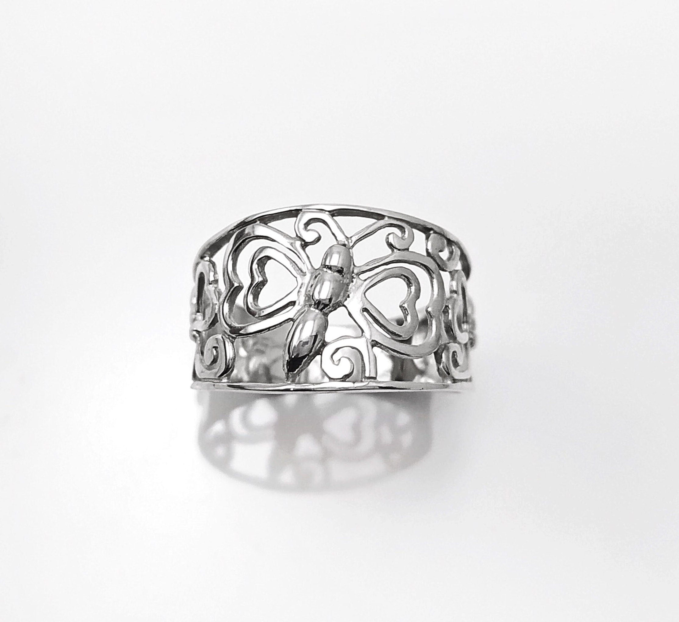 Sterling Silver Butterfly Filigree Ring, Nature Inspired Openwork Band Jewelry