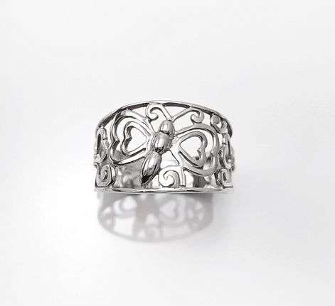 Sterling Silver Butterfly Filigree Ring, Nature Inspired Openwork Band Jewelry