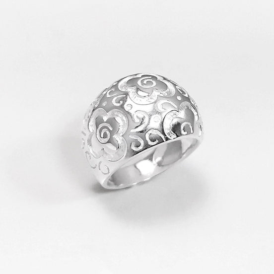 70's Flower Ring - Sterling Silver, engraved floral nature Flowers Pattern - Hipster Boho Flower Power Wide Domed Band Ring