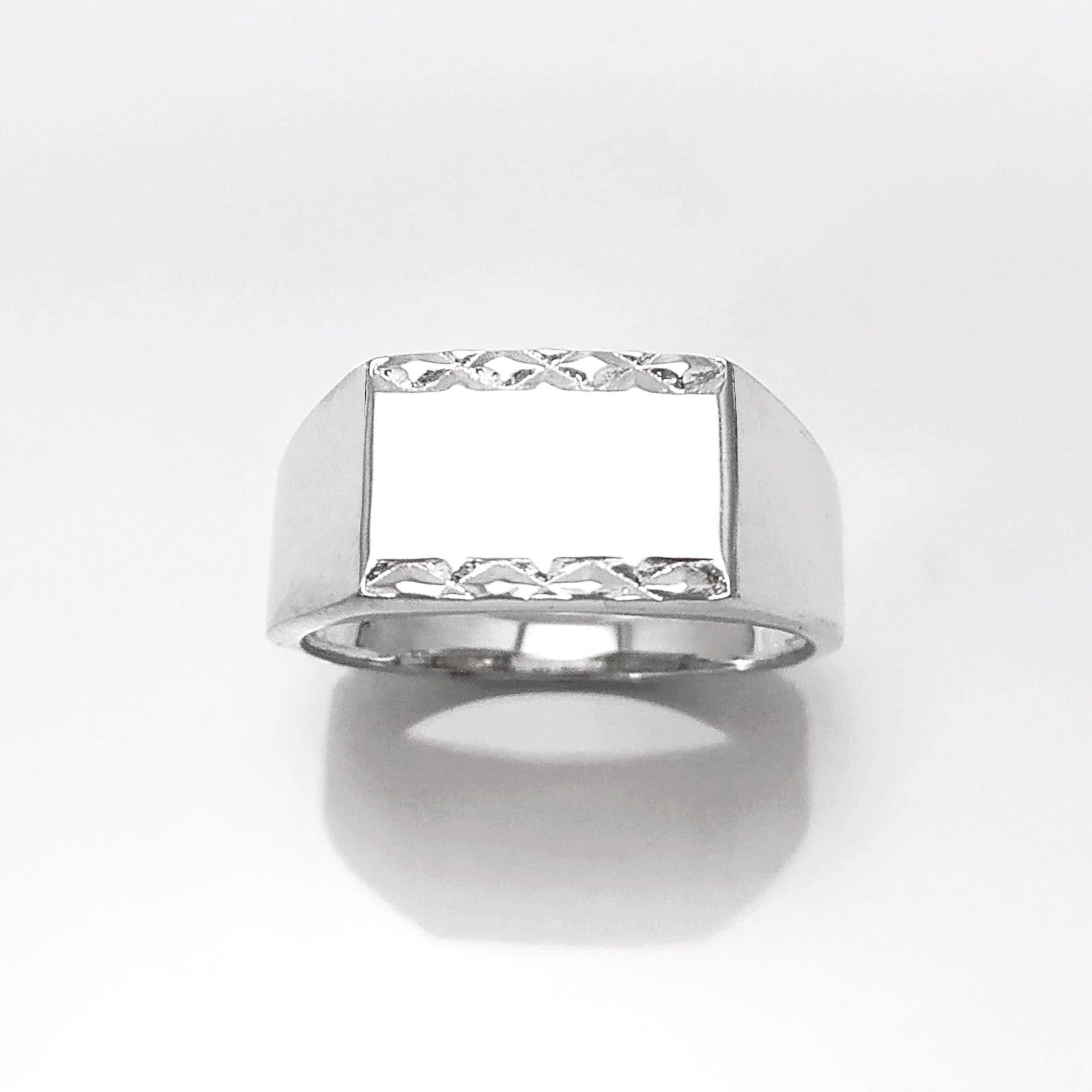 Rectangle Signet Ring, Sterling Silver, Mens Signet Ring, Diamond Faceted Borders, Unisex jewelry Gift, Engraving Name Initials Option