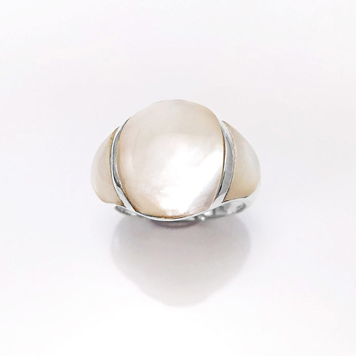 White Band Ring - Sterling Silver - Dome Ring - Mother of Pearl Shell - Gemstone Ring - Modern Stone Ring - shabby chic ring - Boho Ring