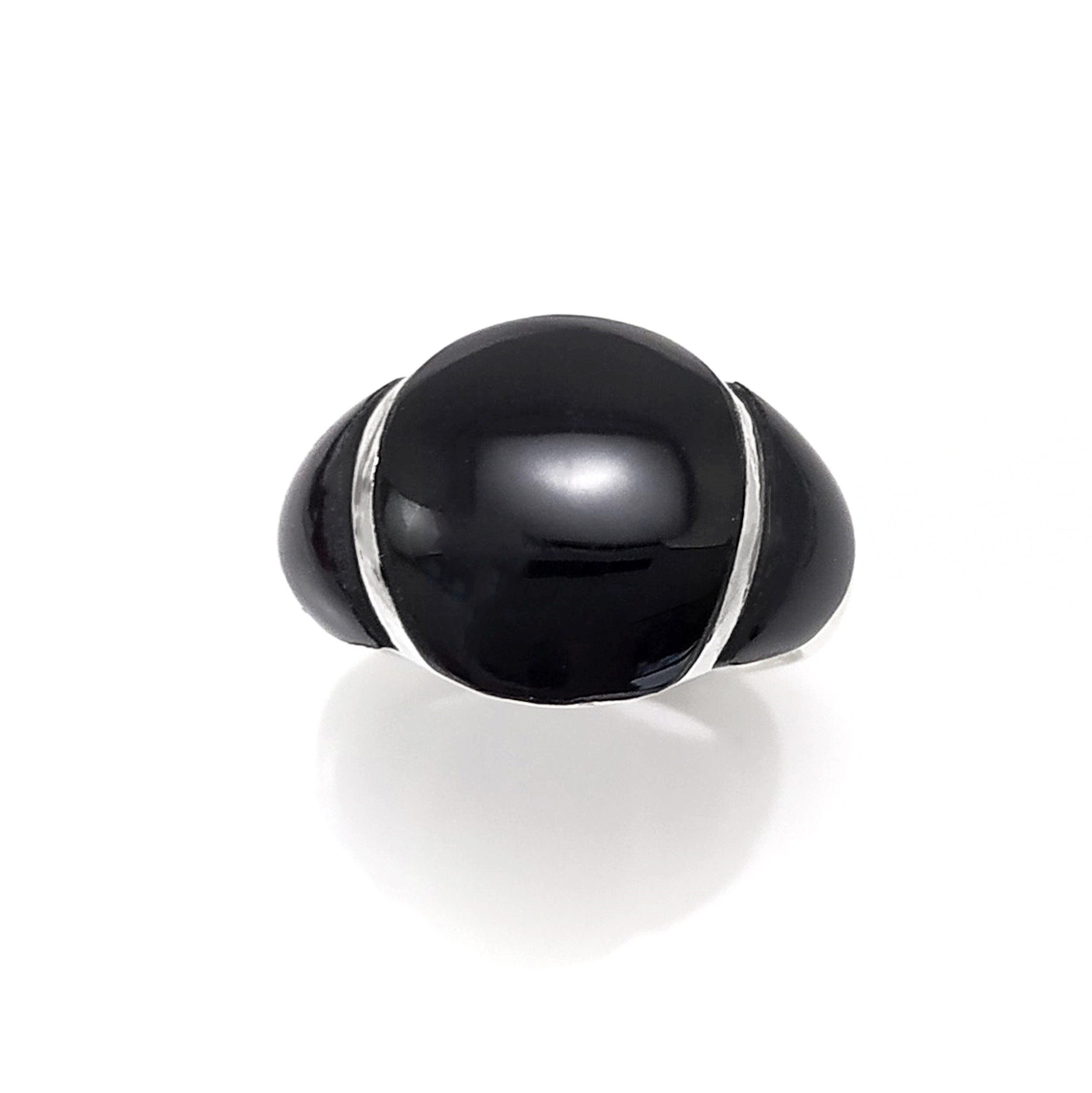Onyx Band Ring - Sterling Silver Dome Black Onyx Gemstone Ring - Modern Domed Stone Jewelry