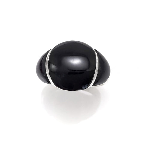 Onyx Band Ring - Sterling Silver Dome Black Onyx Gemstone Ring - Modern Domed Stone Jewelry