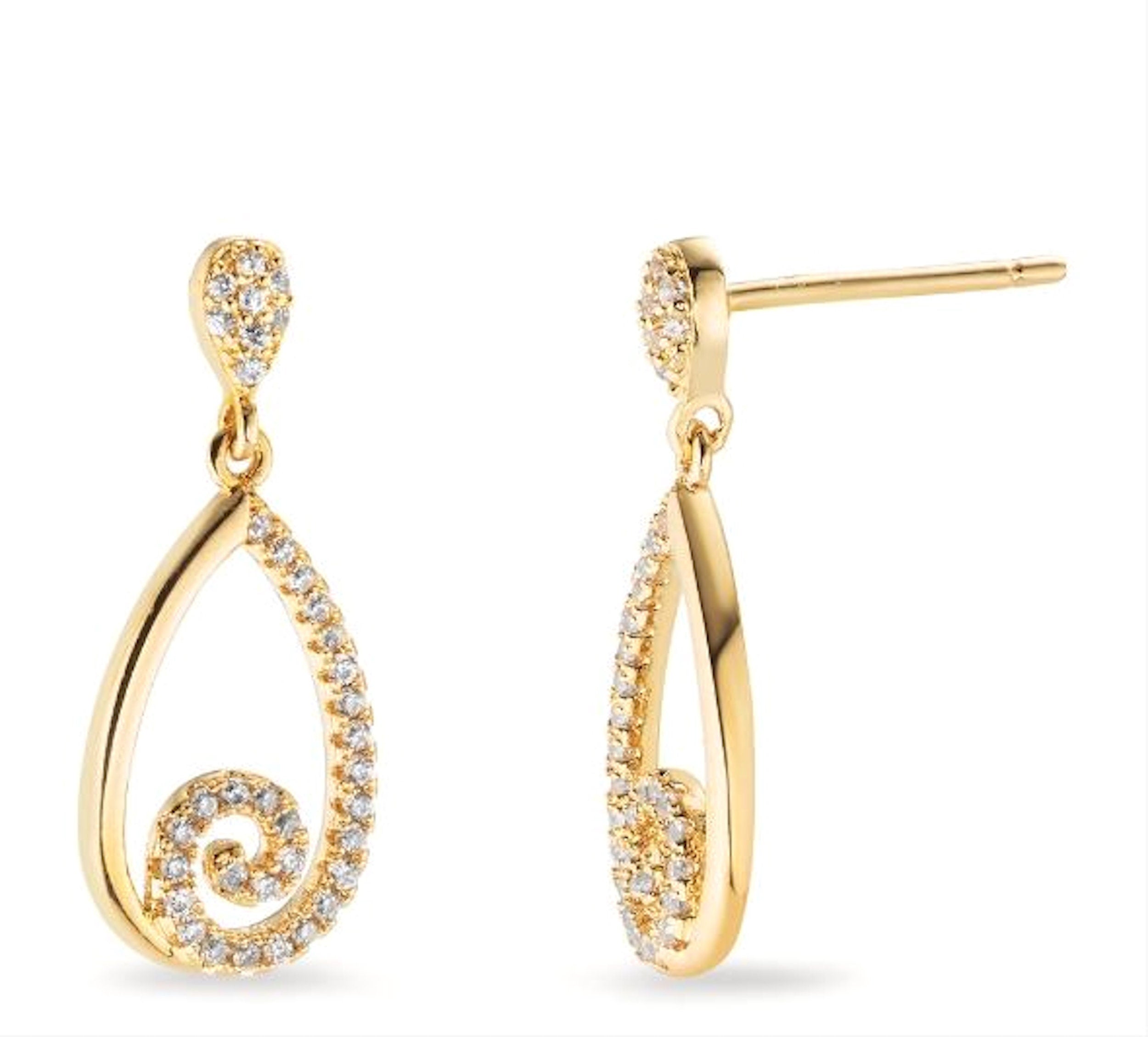 Gold Spiral Teardrop Earrings by KRAMIKE • Luxe Diamond Cz Detailing • Perfect for Glam Nights Out or Bridal Jewelry • Elegant Gift for Her
