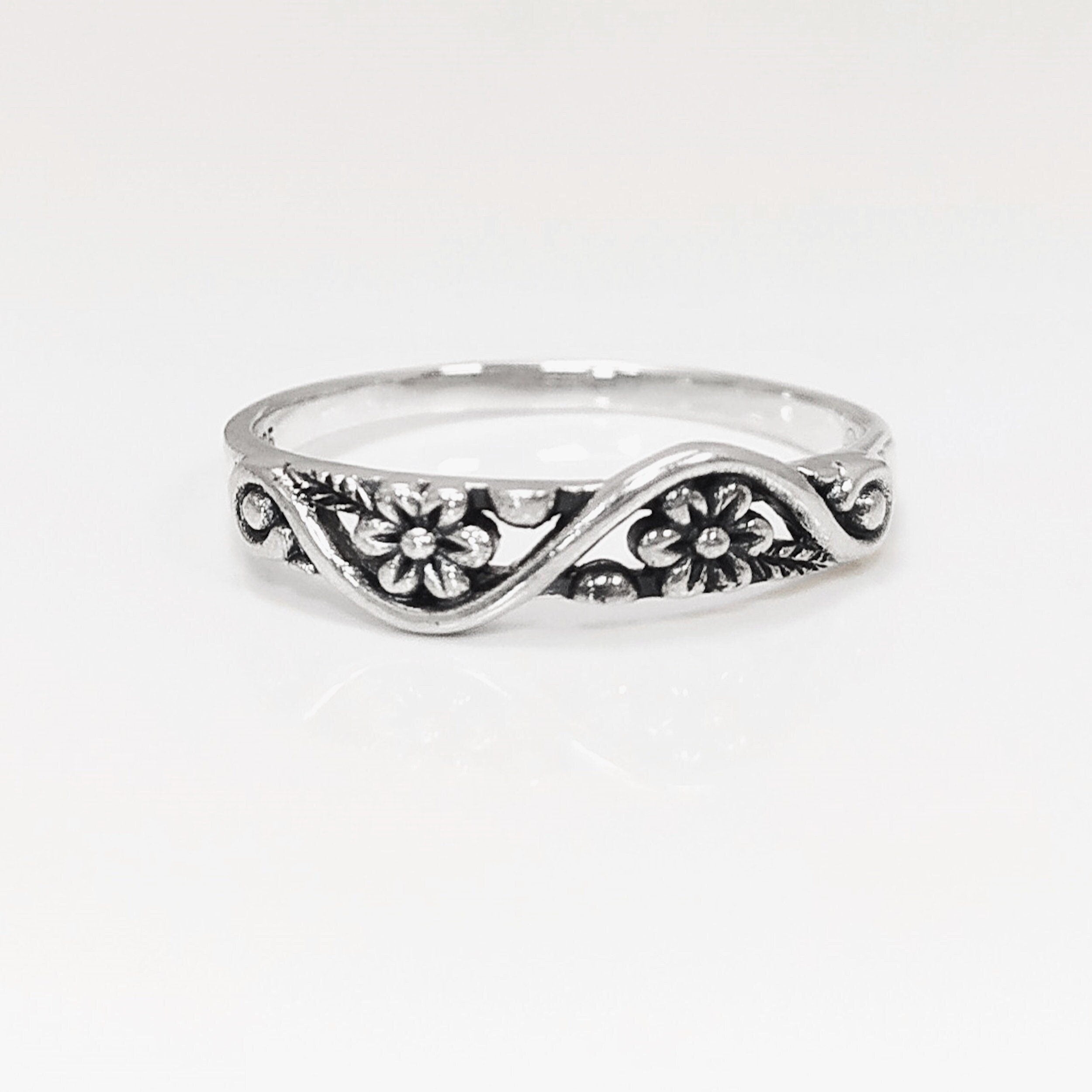Cherry Blossom Ring, Duet Flowers Floral Ring, Sterling Silver 925 band