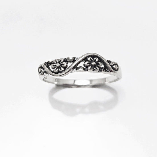 Cherry Blossom Ring, Duet Flowers Floral Ring, Sterling Silver 925 band