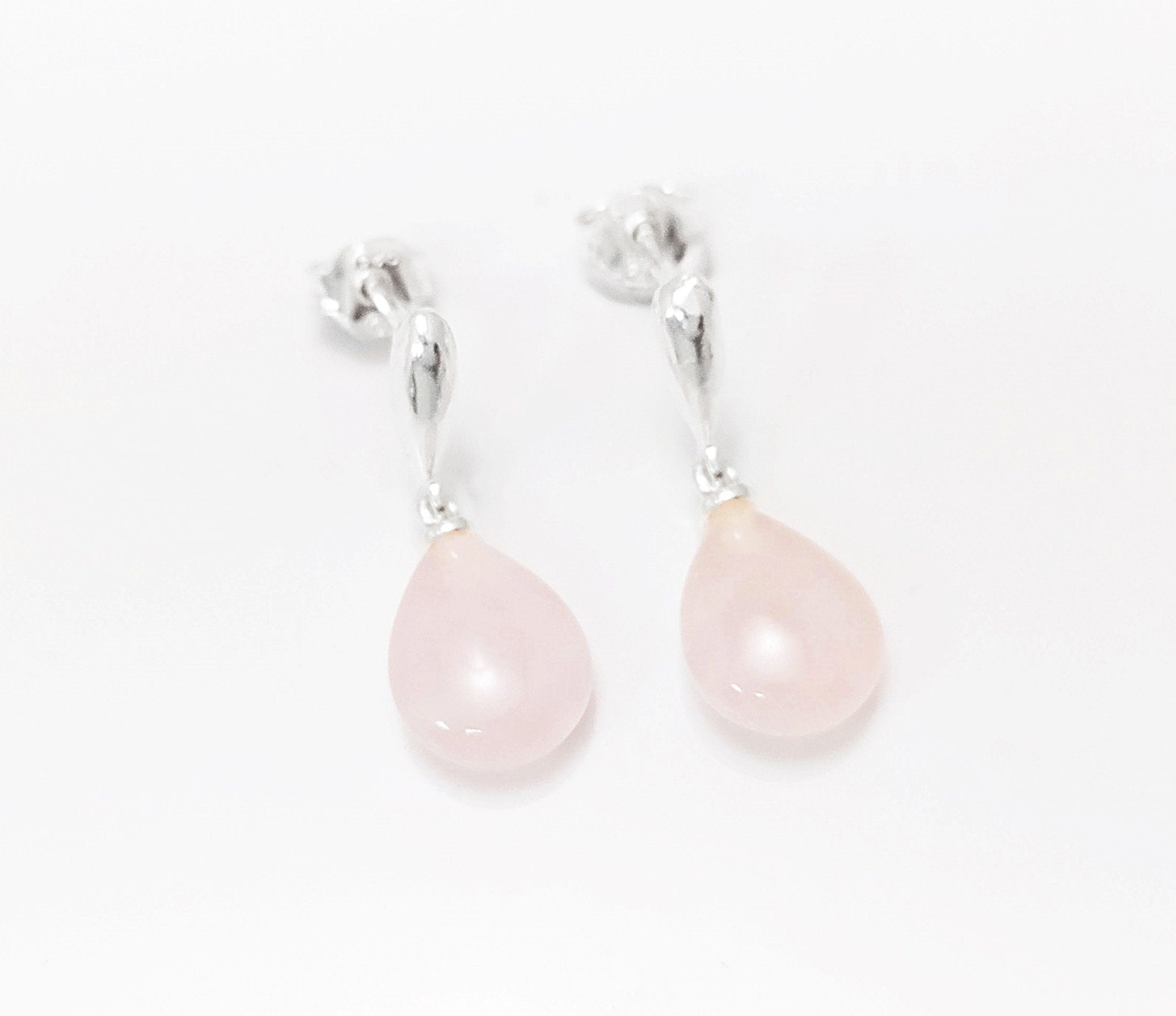 Rose Quartz Earrings Sterling Silver 925, Pink Quartz Oval Stone Earrings, Dangle Stud Earrings, Small Teardrop.