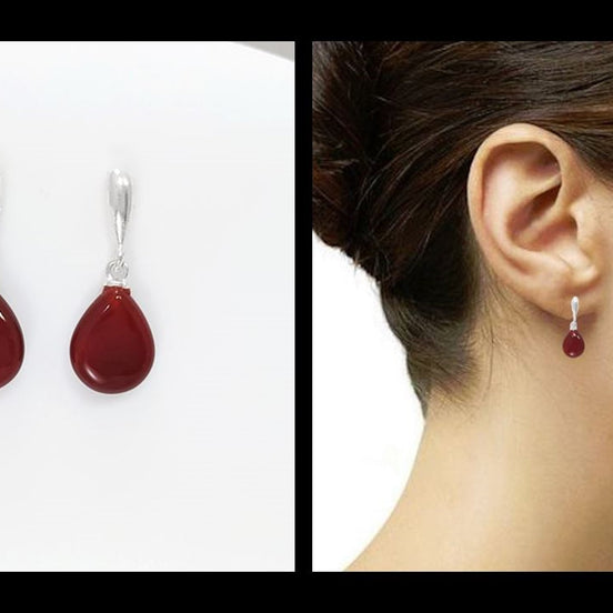 Red Stone 925 Earrings - Sterling Silver - Stud Drop Earrings - Brown Red Stones Modern Jewelry - Red Agate Silver Earrings - Dangly Agate