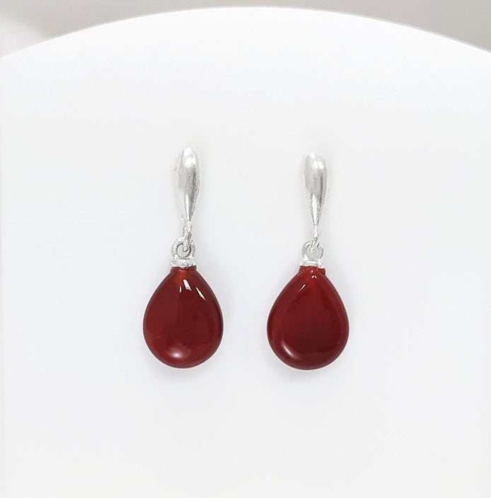 Red Stone 925 Earrings - Sterling Silver - Stud Drop Earrings - Brown Red Stones Modern Jewelry - Red Agate Silver Earrings - Dangly Agate