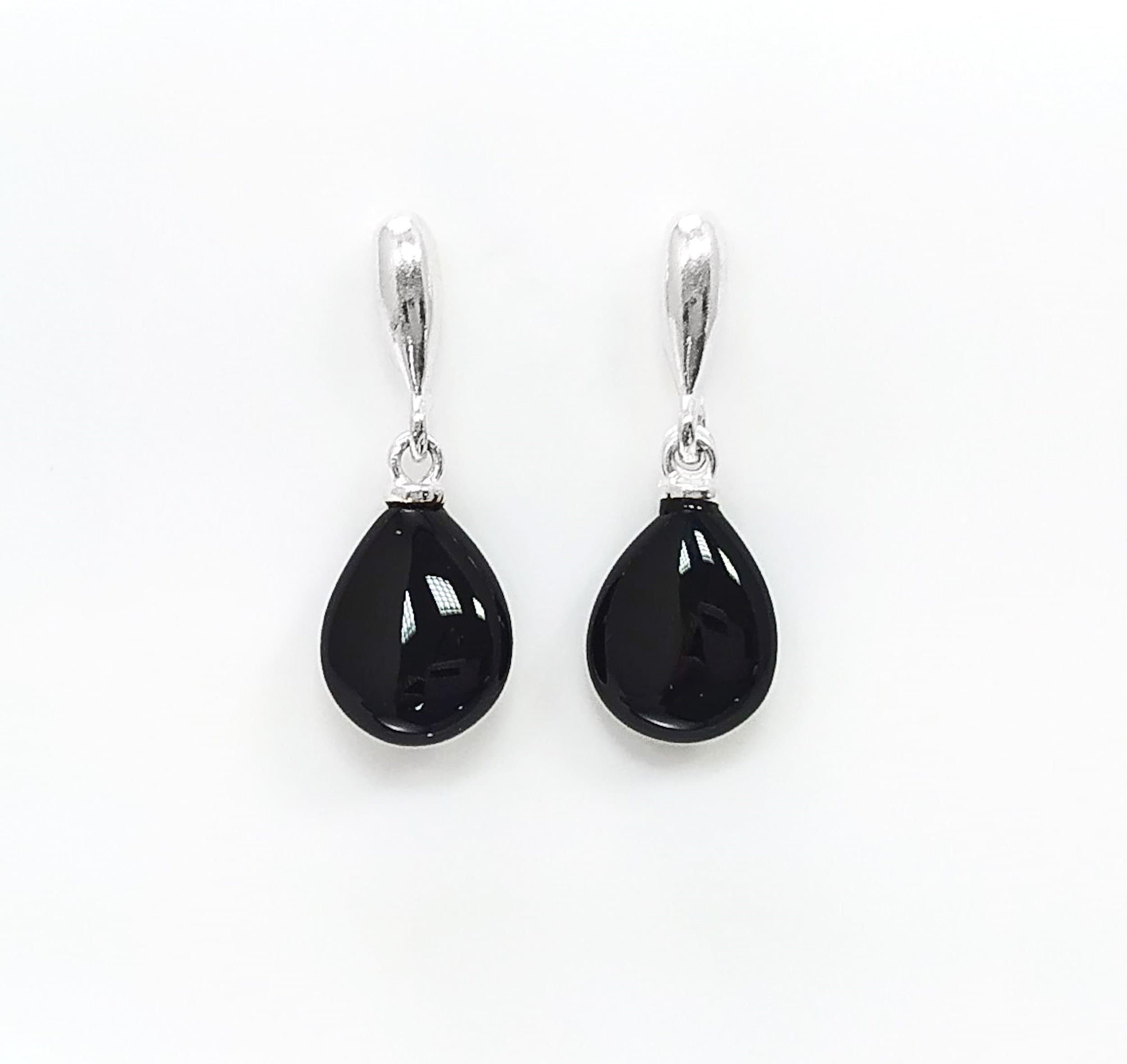 ONYX Stone 925 Earrings Sterling Silver, Black Gemstone Silver Earrings, Dangly Sterling Silver Earrings, Small Teardrop Stone Earrings.
