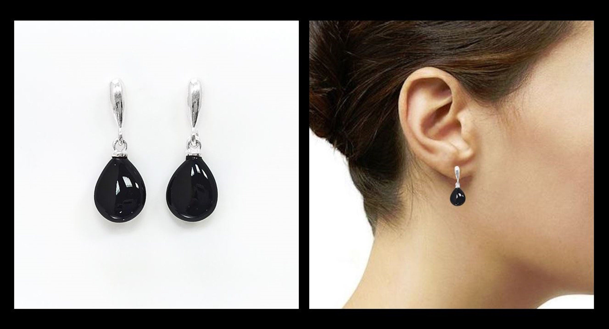 ONYX Stone 925 Earrings Sterling Silver, Black Gemstone Silver Earrings, Dangly Sterling Silver Earrings, Small Teardrop Stone Earrings.