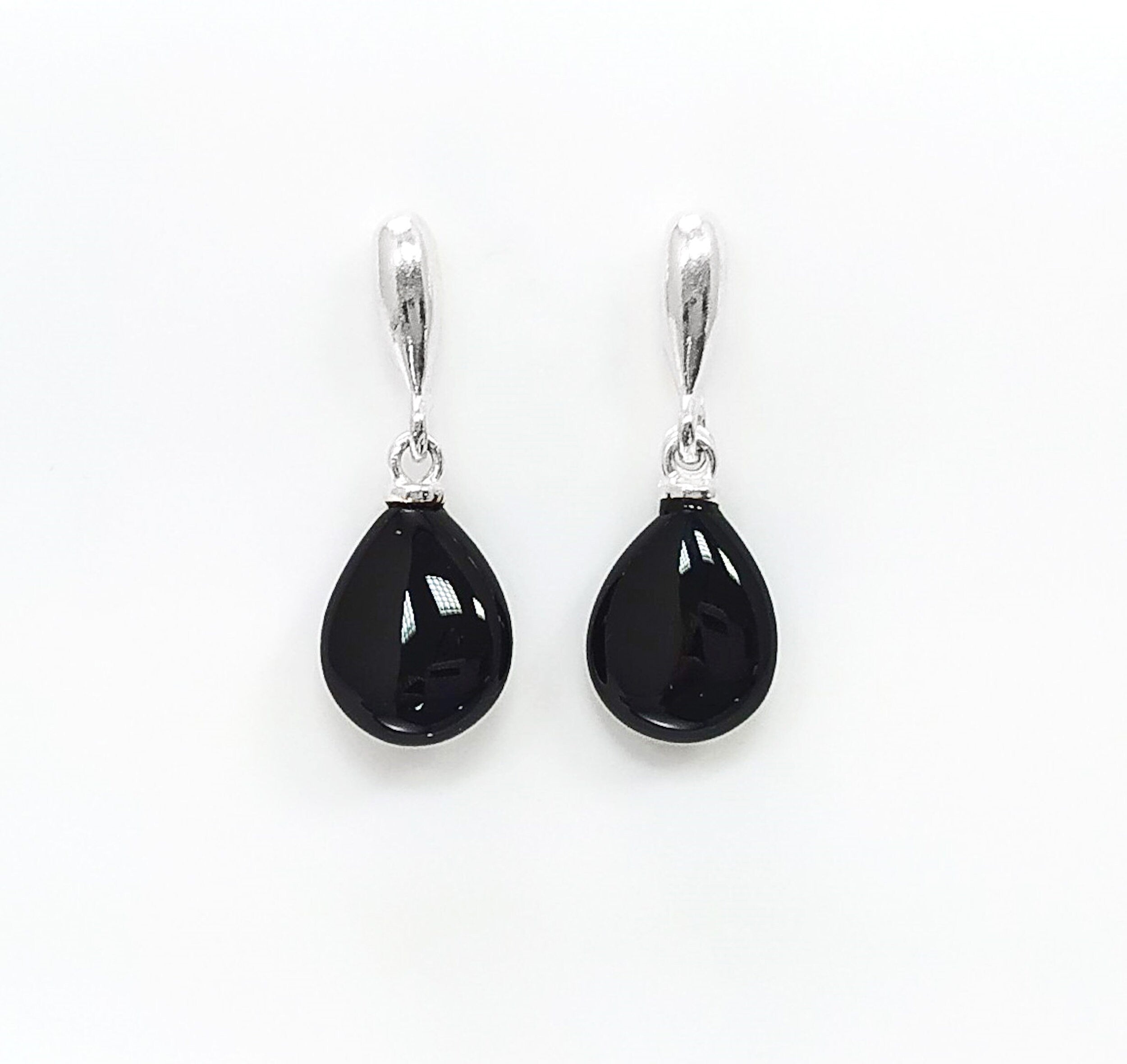 ONYX Stone 925 Earrings Sterling Silver, Black Gemstone Silver Earrings, Dangly Sterling Silver Earrings, Small Teardrop Stone Earrings.