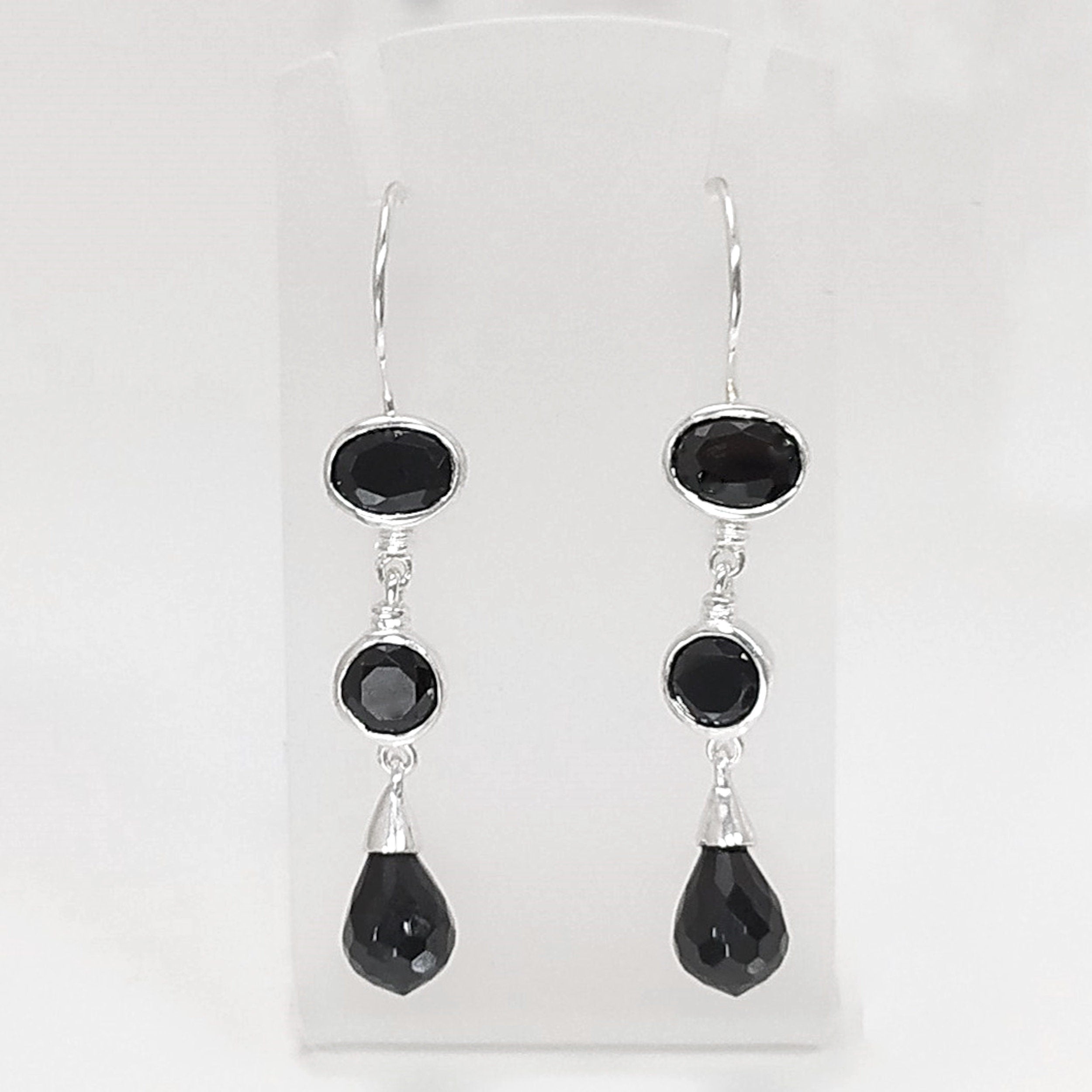 Black Stone Pendant, Sterling Silver, Necklace with Pending Black Stones Pendant, Black Cz, Modern Dangle Stones Pendant Earrings set