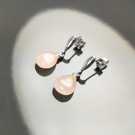 Rose Quartz Earrings Sterling Silver 925, Pink Quartz Oval Stone Earrings, Dangle Stud Earrings, Small Teardrop.
