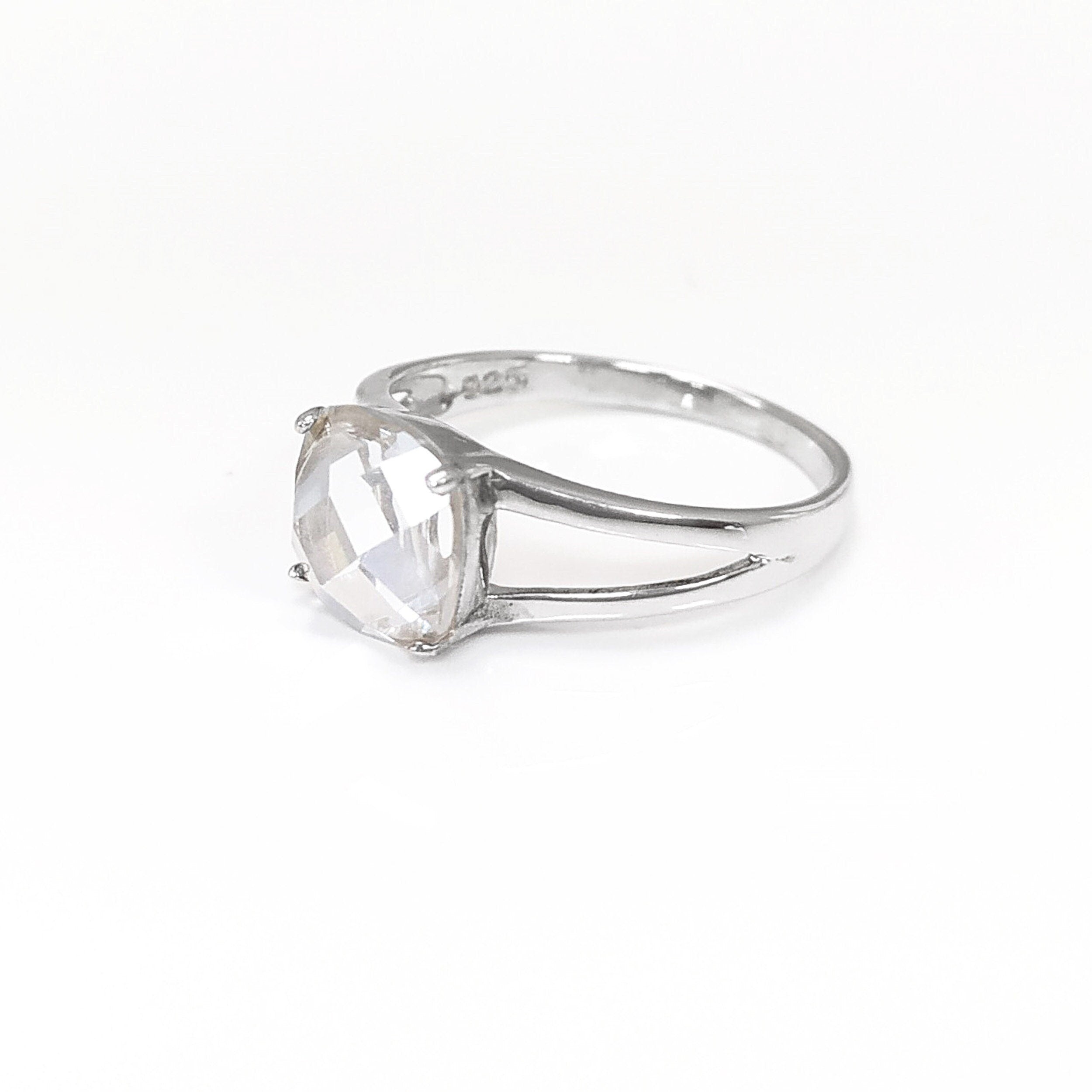 Side View Square Solitaire Ring Sterling Silver Cz Stone