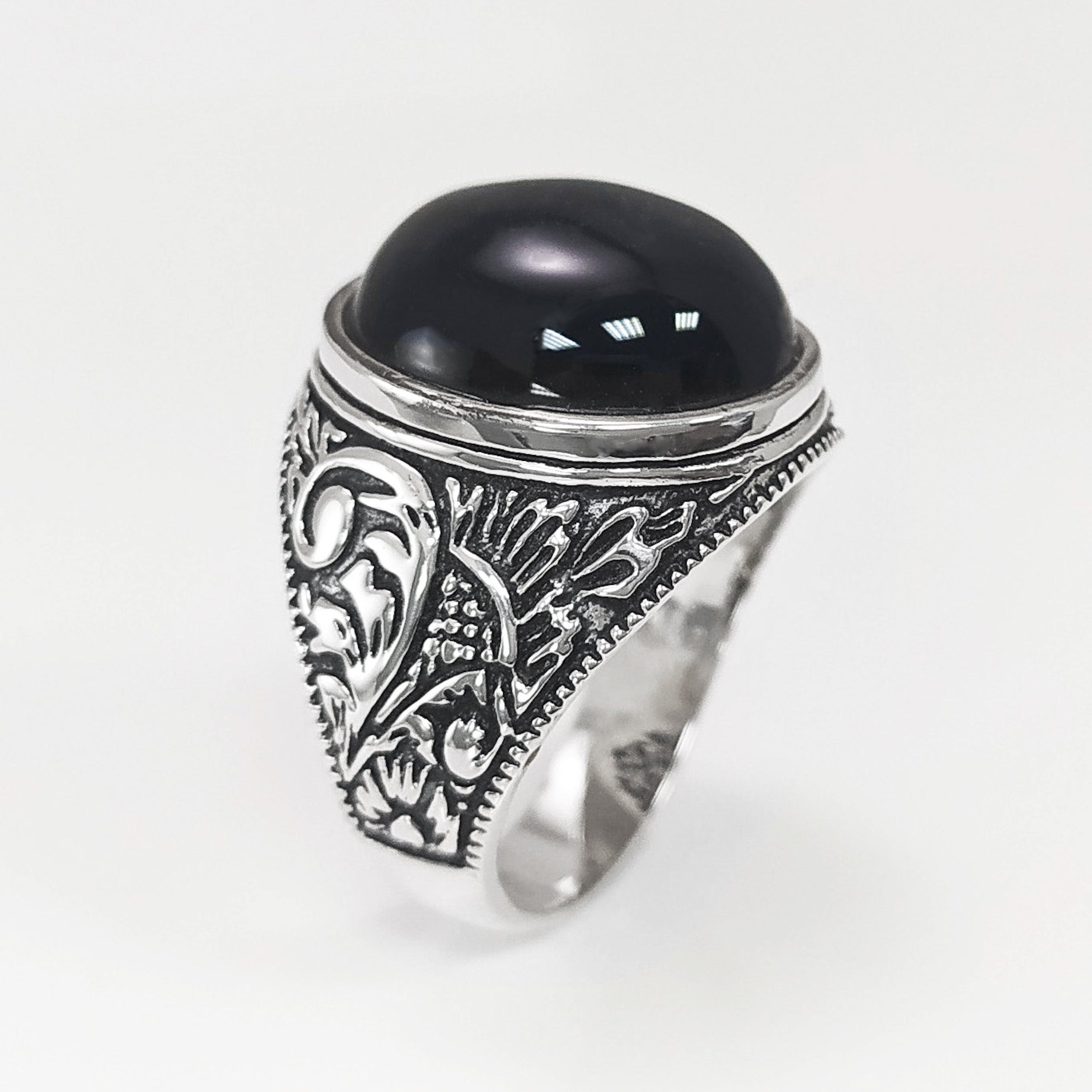 925 Hipster Tribal Ring Sterling Silver, Baroque Vintage Ring, Oval Stone Ring, Engraved Medieval Ring, Unisex Gothic Pirate jewelry