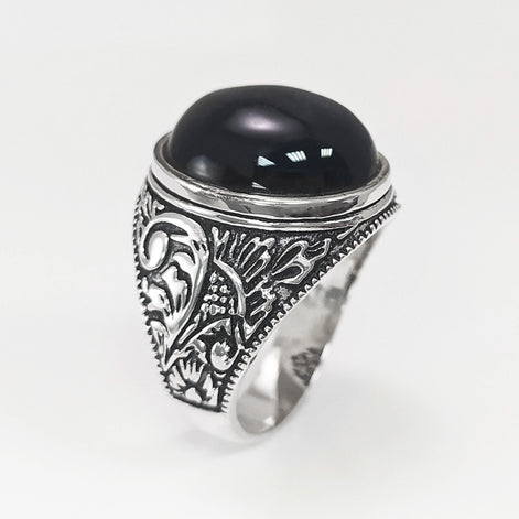 925 Hipster Tribal Ring Sterling Silver, Baroque Vintage Ring, Oval Stone Ring, Engraved Medieval Ring, Unisex Gothic Pirate jewelry