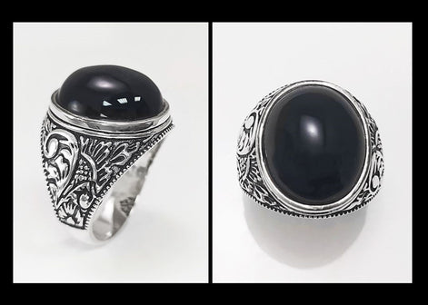 925 Hipster Tribal Ring Sterling Silver, Baroque Vintage Ring, Oval Stone Ring, Engraved Medieval Ring, Unisex Gothic Pirate jewelry