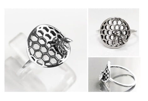 Honeycomb Ring, Sterling Silver, Beehive Jewelry, Bumble Bee, Bee Honeycomb Nature Jewelry, Honeycomb Core, Bug Ring, Gifts For Bee Lovers